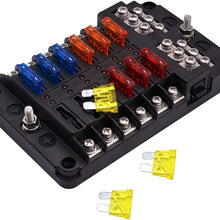 Extractme 12 Way Blade Fuse Block with Negative Bus, 12 Circuits Fuse Box Holder with LED Indicator Damp-Proof Protection Cover and Label Sticker for 12V/24V Auto Car Truck Boat Marine and Yacht