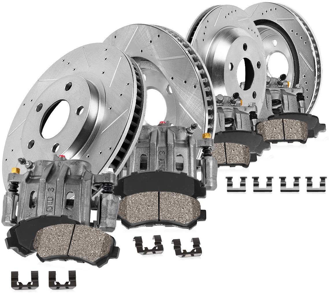 CCK01877 FRONT + REAR Premium Original [4] Calipers + [4] Zinc Plated D/S Rotors + Low Dust [8] Ceramic Pads