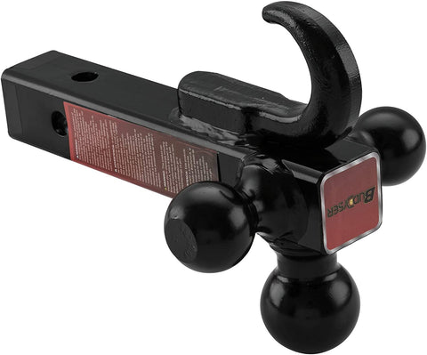 BUDDYSER 62009 Trailer Hitch Tri Ball Mount with Hook, Black Powder-Coated, Hollow Shank for Hitch Receiver