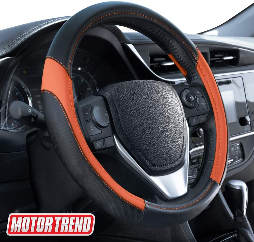 Motor Trend SW-814 Sport Drive Perforated Leather Steering Wheel Cover with Contrast Stitching - Universal Fit for Standard Sizes 14.5 15 15.5 inches (Orange + Black)