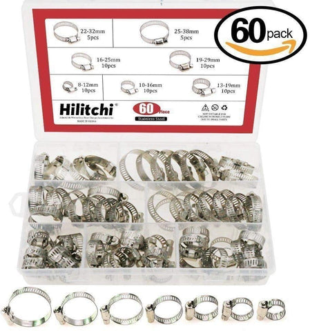60pcs Hose Clamp Stainless Steel Set Assorted Water Fuel Tube Pipe Clip Kit