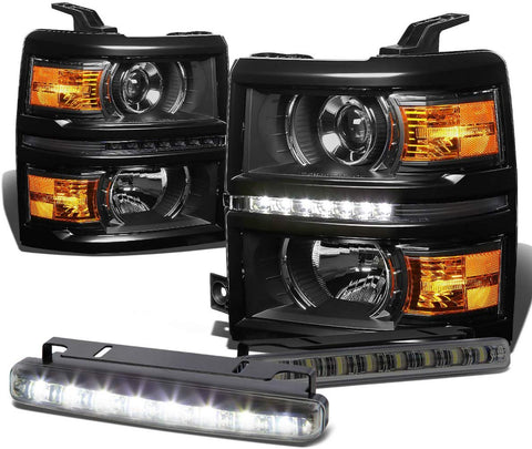 For Chevy Silverado GMT K2XX Black Housing Amber Corner Projector LED Headlight+DRL 8 LED Fog Light