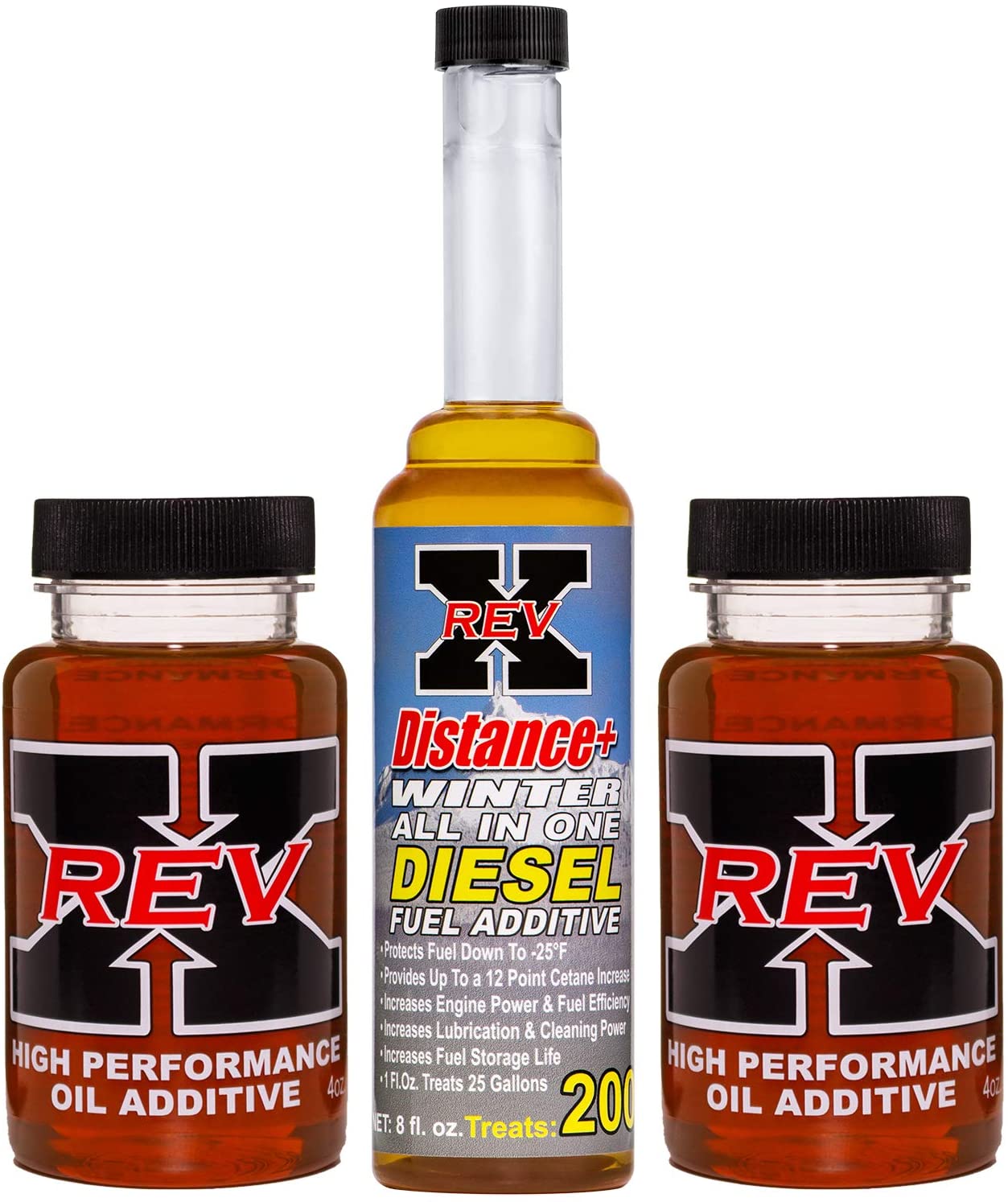 REV X Diesel Winter Oil & Fuel Treatment Kit - 4 oz Oil Treatment (2) + 8 oz Distance+ Winter