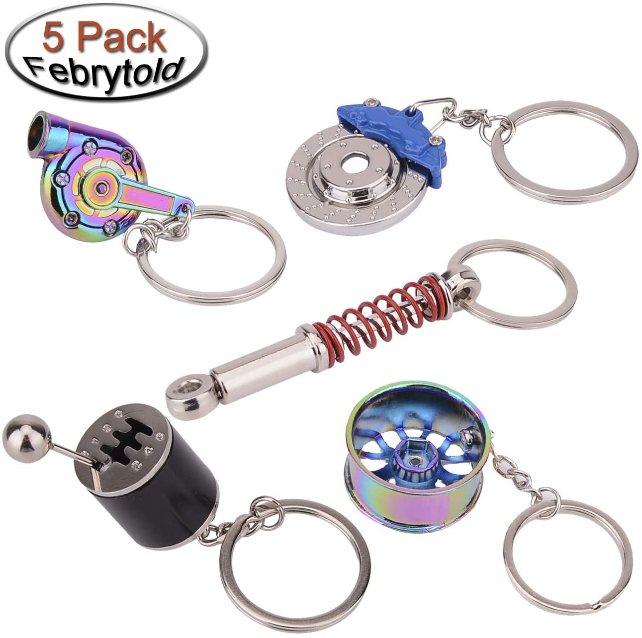 Febrytold 5 Pcs Car Parts Model Key Chains, Colorful Turbo Keychain, Black Manual Gearbox Keychain, Colorful Tire Rim Keychain, Blue Brake Rotor Keychain, Red Spring Shock-Absorber Keychain (5 Pack)