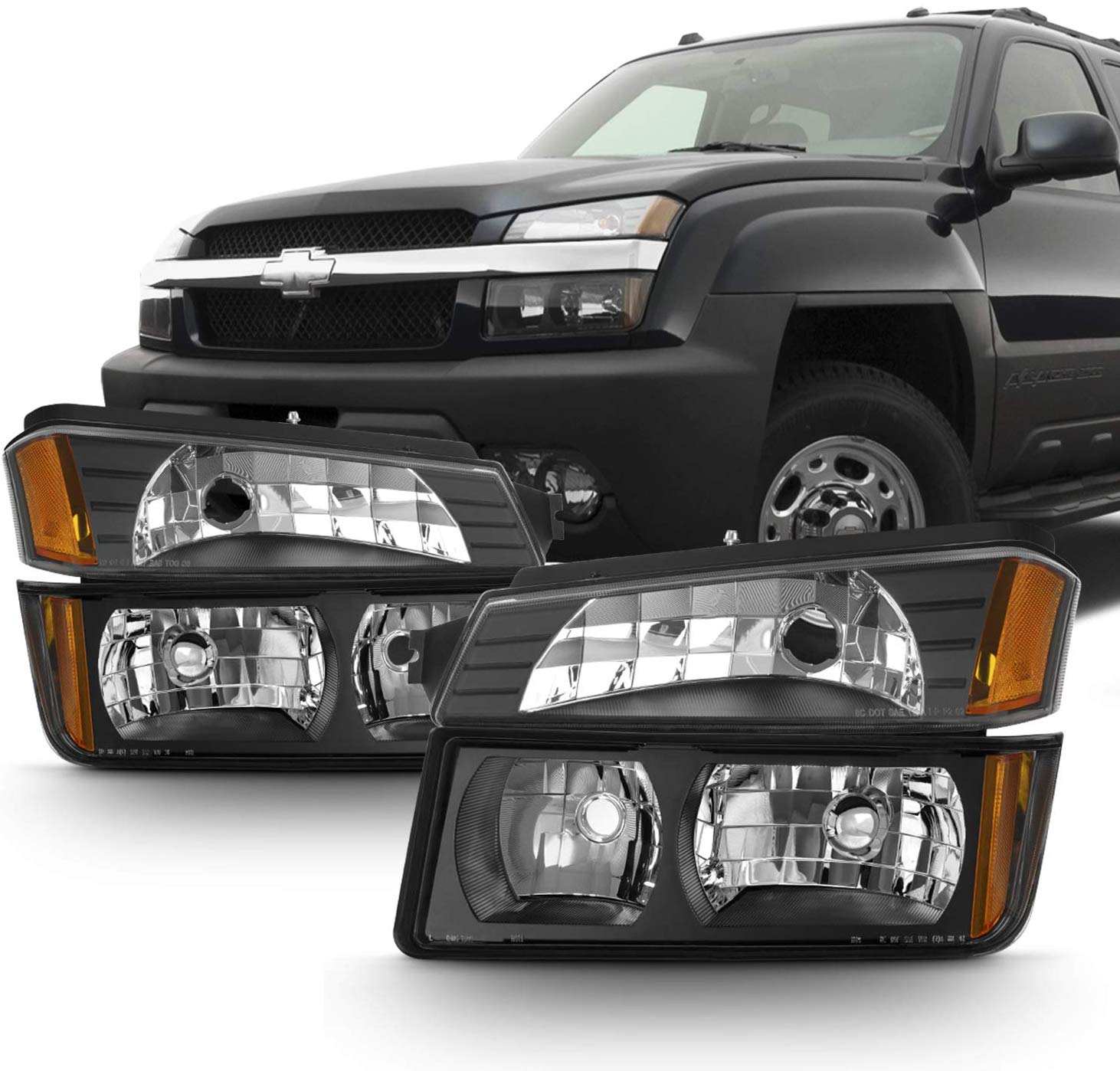 For Black 2002 2003 2004 2005 2006 Chevy Avalanche Body Cladding Model Headlights+Bumper Lights Set