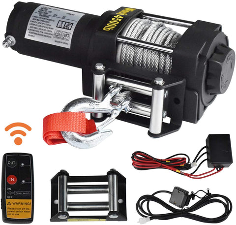 Winches, Hantun 4500lbs Electric Single Line 12V DC Electric Towing Winch for ATV, with Roller Fairlead, Mount Plate and Wireless Handheld Remote
