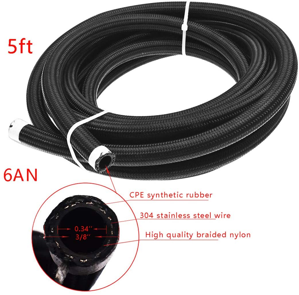 WFLNHB Fuel Oil Gas Line Hose 5 Feet Black an-6 (Equivalent Tube Size Nominal OD 0.375 inch Hose ID 0.34 inch) Nylon/Stainless Steel Braided