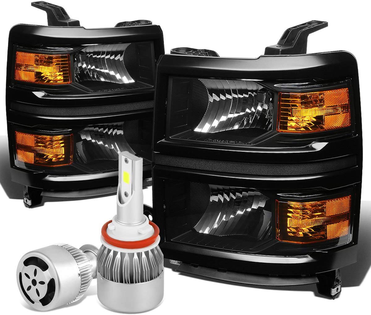 For Chevy Silverado GMT K2XX Pair of Black Housing Amber Corner Light Headlight + H8 LED Conversion Kit W/Fan