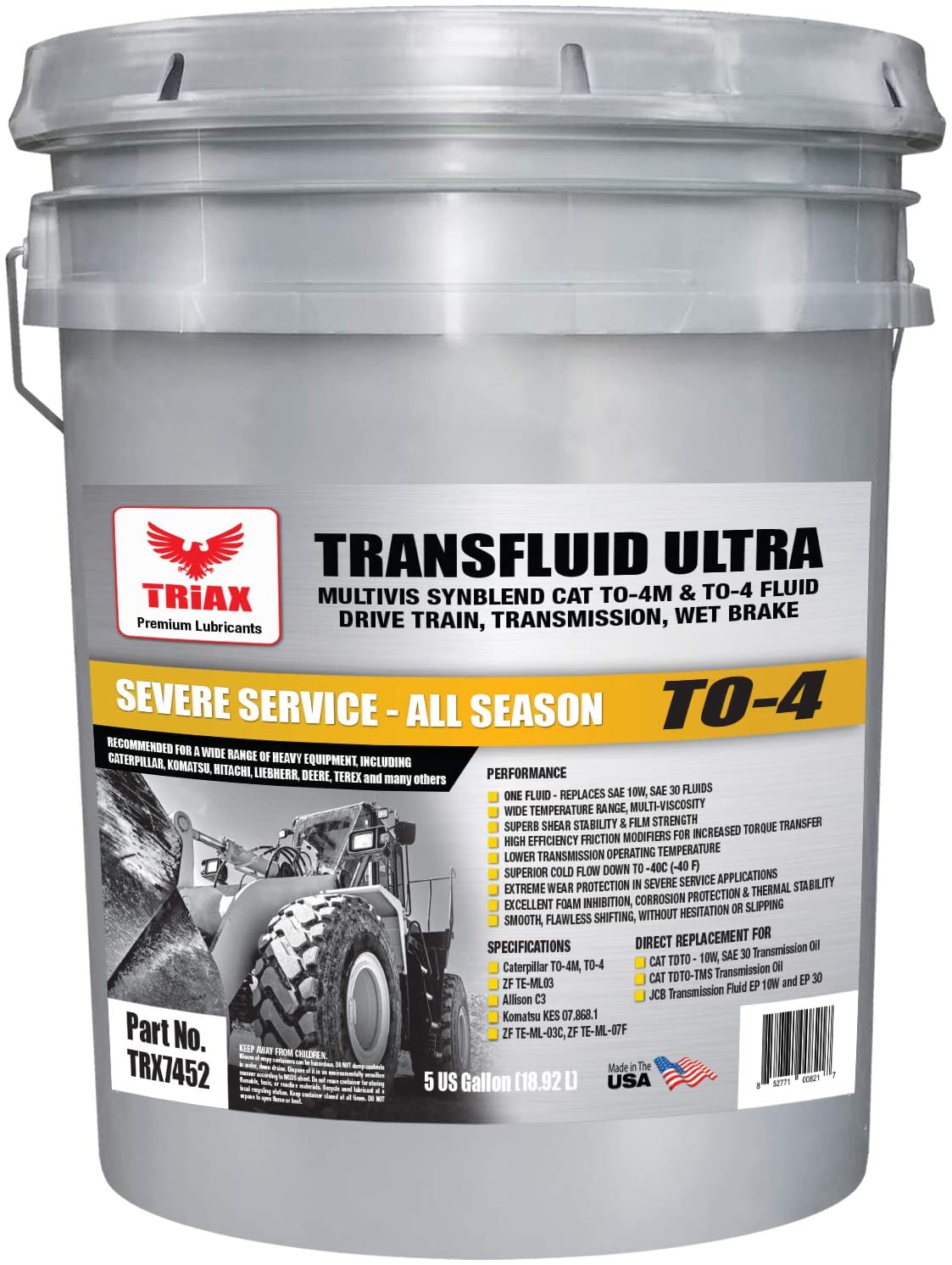 Triax TRANSFLUID Ultra to-4 - Multi-Viscosity Powershift Transmission TO-4M Drive Train and Heavy Duty Transmission Fluid (5 GAL Pail) (5 GAL PAIL)