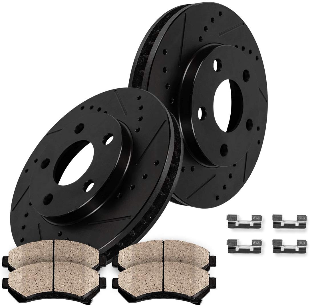 CRK12123 REAR 280 mm Black Drilled/Slotted 5 Lug [2] Brake Disc Rotors + [4] Ceramic Brake Pads + Pad Clips