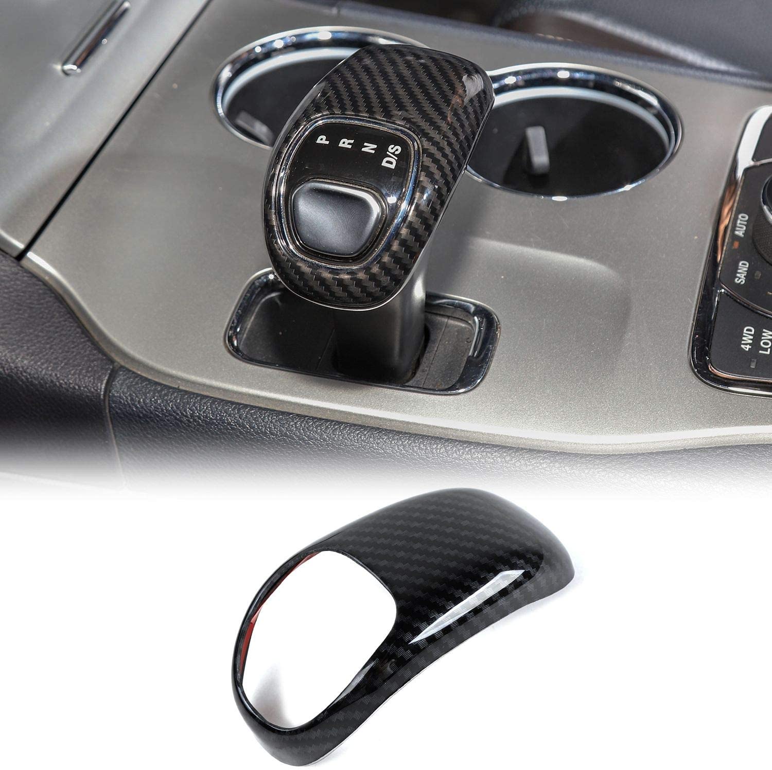 CheroCar Interior Decoration Gear Shift Knob Cover Stick Shifter Cap Trim Carbon Fiber Grain Cover for 2014-2015 Jeep Grand Cherokee, for 2012-2014 Chrysler 300C, 1PC