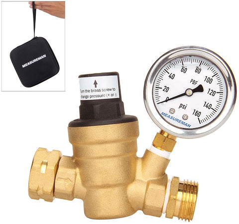 Measureman Adjustable Lead Free Brass RV Pressure Regulator, Pressure Reducer with Liquid Filled Pressure Gauge 160psi and Inlet Screened Filter for RV Camper Travel Trailer