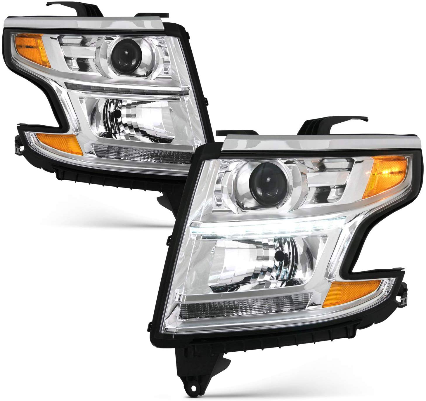 Fits 2015-2019 Chevy Suburban 15-19 Tahoe LED Projector Chrome Headlights [Halogen Type] w/Amber Signal Left+Right Pair