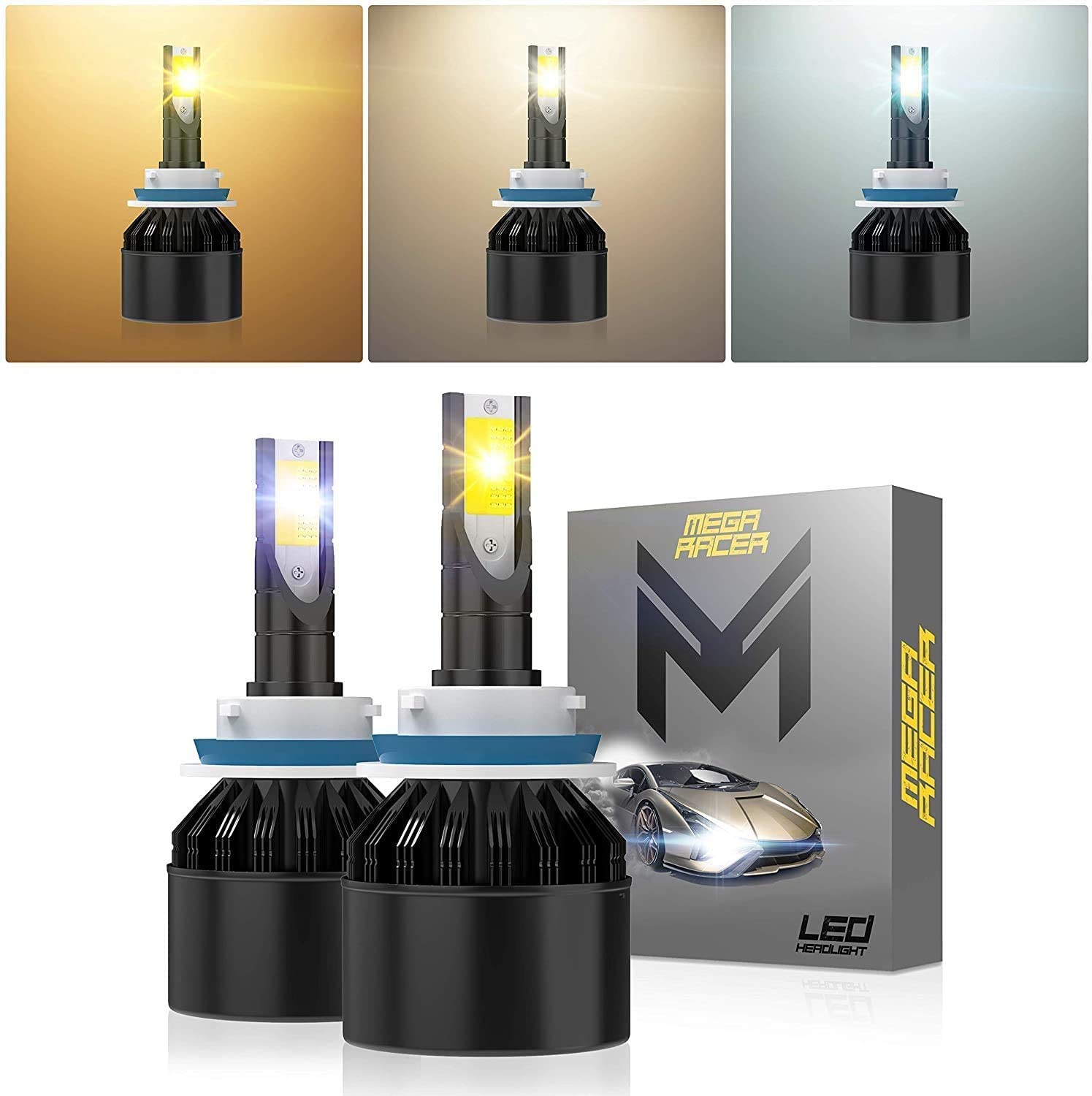 Mega Racer H11/H8/H16 Fog Light LED Headlight Bulbs, 3 Changeable Colors for Fog Light Replacement Bulb (6000K Diamond White, 3000K Golden Yellow, 4300K Warm White), 50W 8000 Lumen COB IP68, Pack of 2