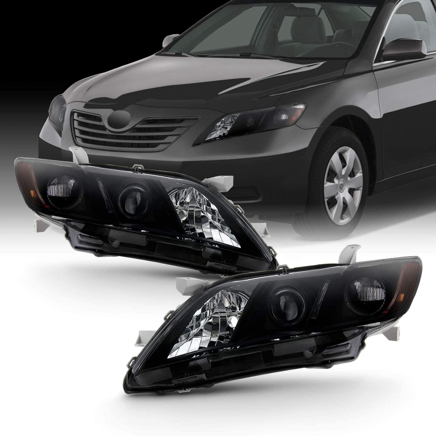 Fits 2007 2008 2009 Toyota Camry [Halogen Type] Black Smoked Headlights Pair Headlamps Left Driver + Right Passenger