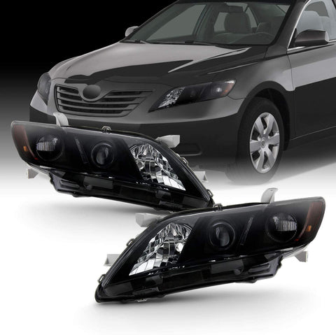 Fits 2007 2008 2009 Toyota Camry [Halogen Type] Black Smoked Headlights Pair Headlamps Left Driver + Right Passenger