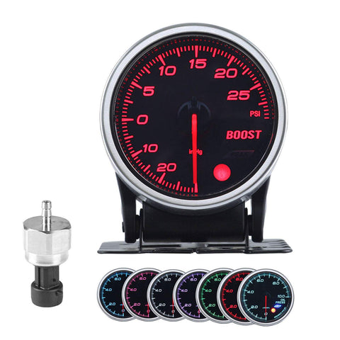 Turbo Boost/Vacuum Gauge Kit 2 Inch 7 Color 30 PSI, Smoke Lens, Black Dial, with Electronic Sensor, for 12V Car and Truck