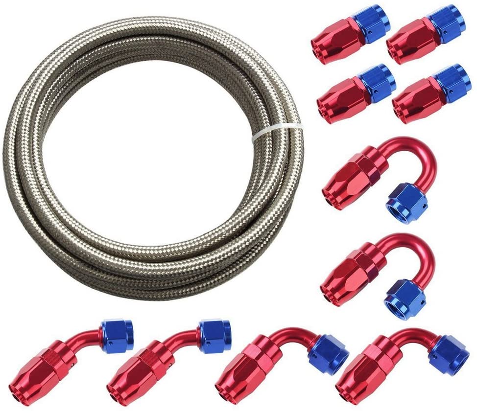 SUNROAD 8AN 20Ft Universal Braided Oil Fuel Line Hose Stainless Steel Nylon with 10PC Swivel Fitting Hose Ends Adapter Kit-Silver