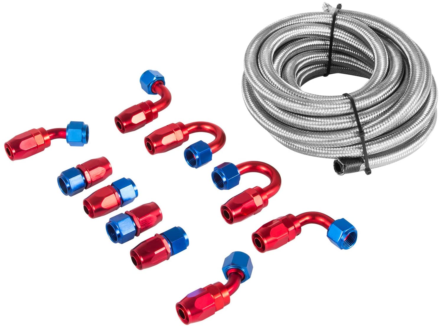 Happybuy AN8 20Ft Fuel Line Hose Kit - Stainless Steel Nylon Braided AN-8 Gas Oil Fuel Line Hose with 10PCS Aluminum Hose End Fitting Adapters Fuel Line Set (20Ft Silver)