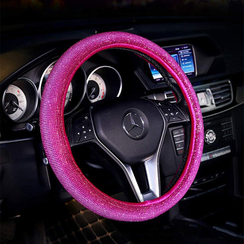 KAFEEK for Women Girls Diamond Leather Steering Wheel Cover with Bling Bling Crystal Rhinestones, Universal 15 inch Anti-Slip,Charm Red Diamond