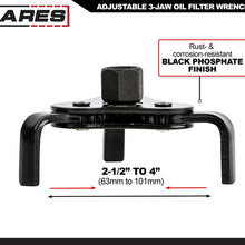 ARES 56041 – Adjustable 3-Jaw Oil Filter Wrench – 2 1/2-Inch to 4 Inch (63mm to 101mm) Capacity – Use with 3/8 or 1/2-Inch Drive Ratchets or 7/8-Inch Wrenches – Carbon Steel Construction