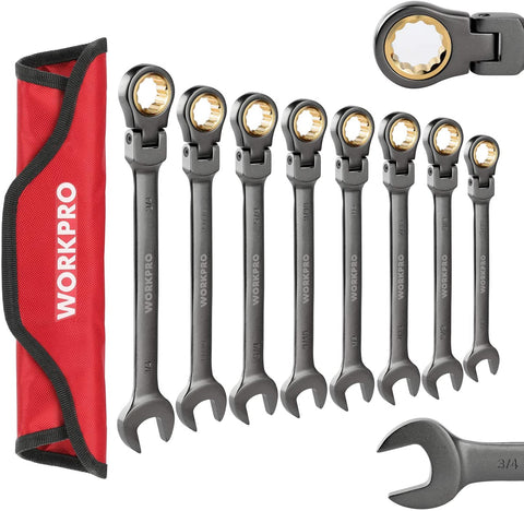 WORKPRO 8-piece Flex-Head Ratcheting Combination Wrench Set, Cr-V Constructed, Nickel Plating with Organizer Bag