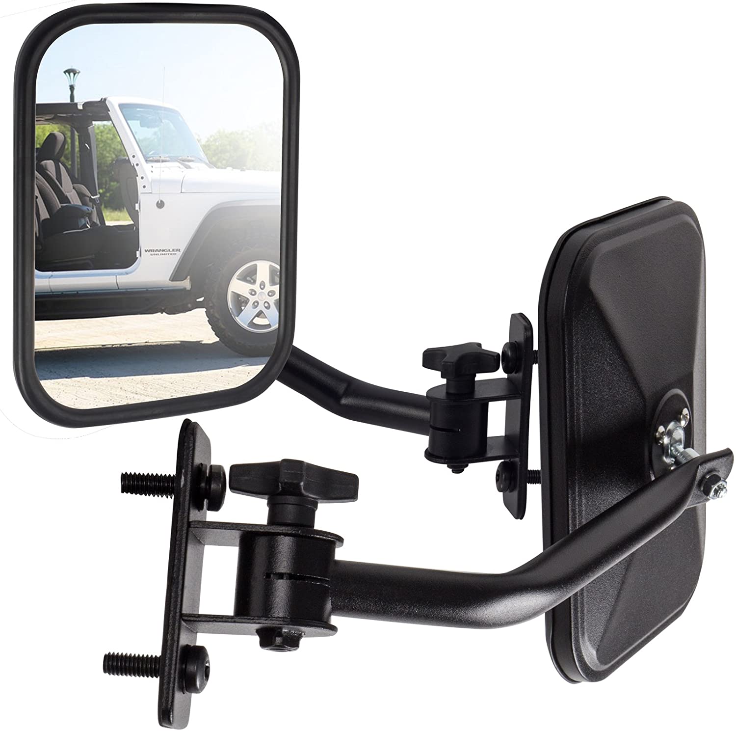 OxGord Side Mirror for Jeep Wrangler (Driver & Passenger Side) Quick Release with Adjustable Arms - Rectangular, Black