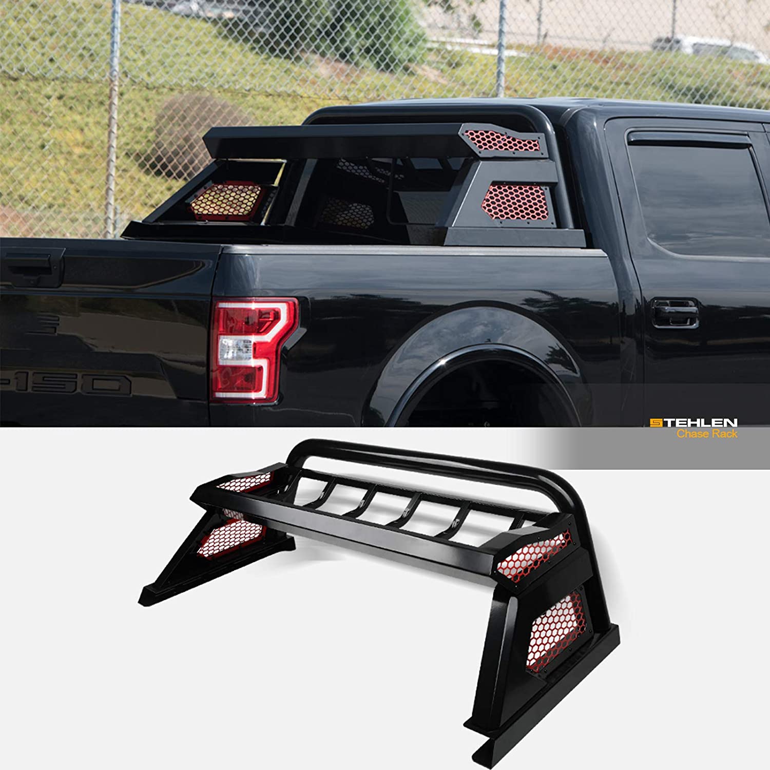 Stehlen 642167823087 Matte Black Cargo Basket Style Truck Bed Chase Rack with Red Honeycomb Mesh Cage For 2007-2019 Toyota Tundra