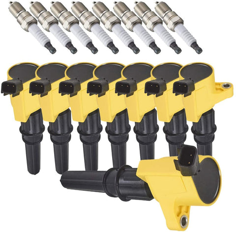 ENA Spark Plugs and Heavy Duty Ignition Coils Set of 8 compatible with E-150 E-250 Lincoln Towncar 1998-2012 FD503 SP413