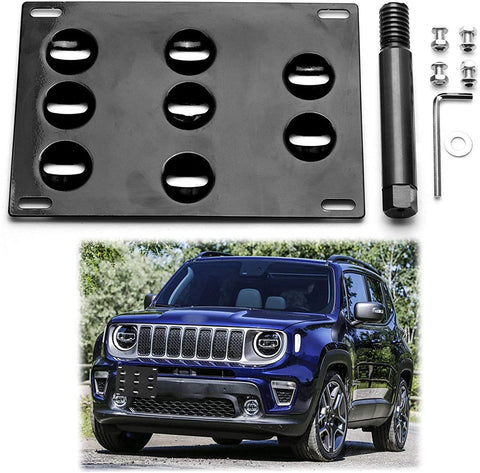 Xotic Tech for Jeep Renegade 2015+ Black Front Bumper Tow Hook License Plate - No Drill Mounting Bracket Adapter Kit