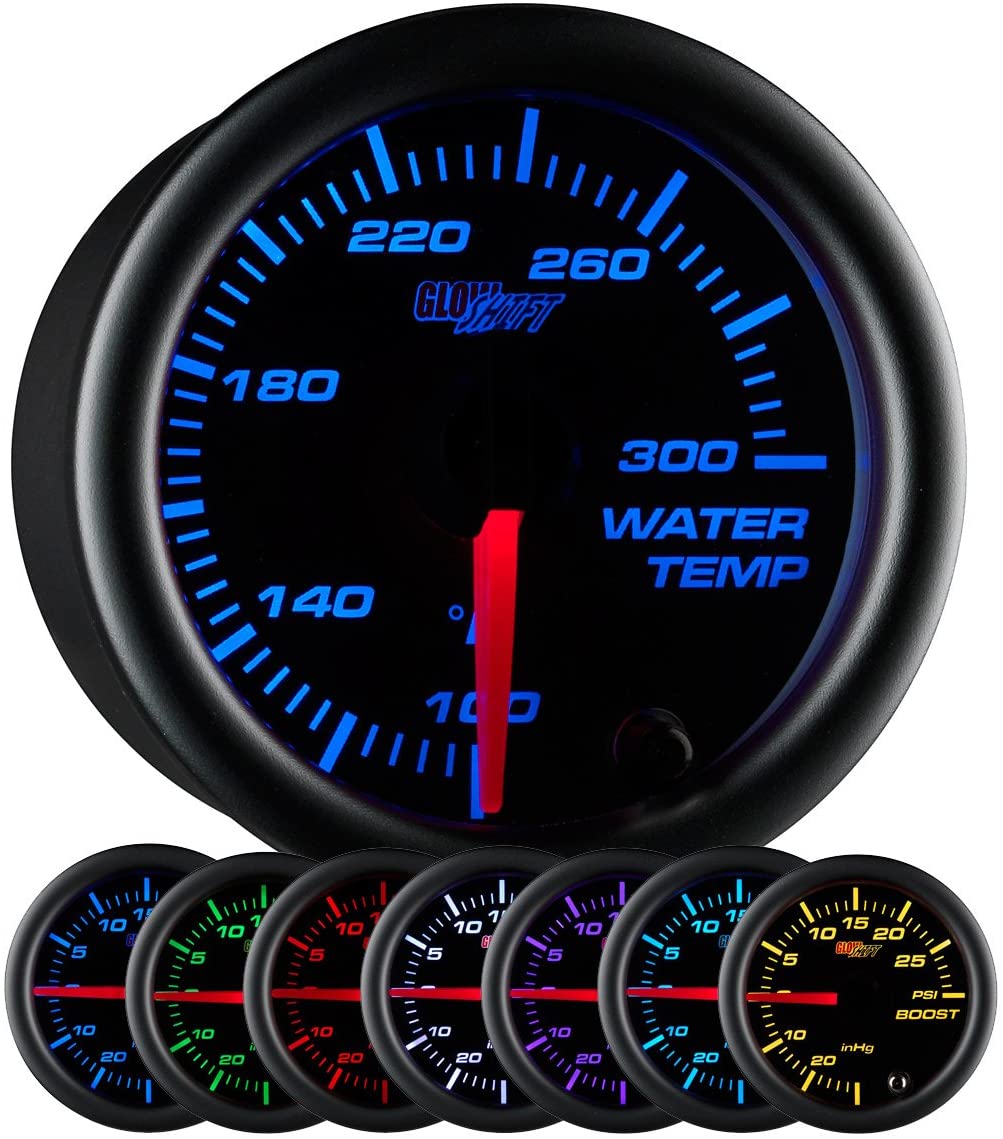 GlowShift Black 7 Color 300 F Water Coolant Temperature Gauge Kit - Includes Electronic Sensor - Black Dial - Clear Lens - for Car & Truck - 2-1/16