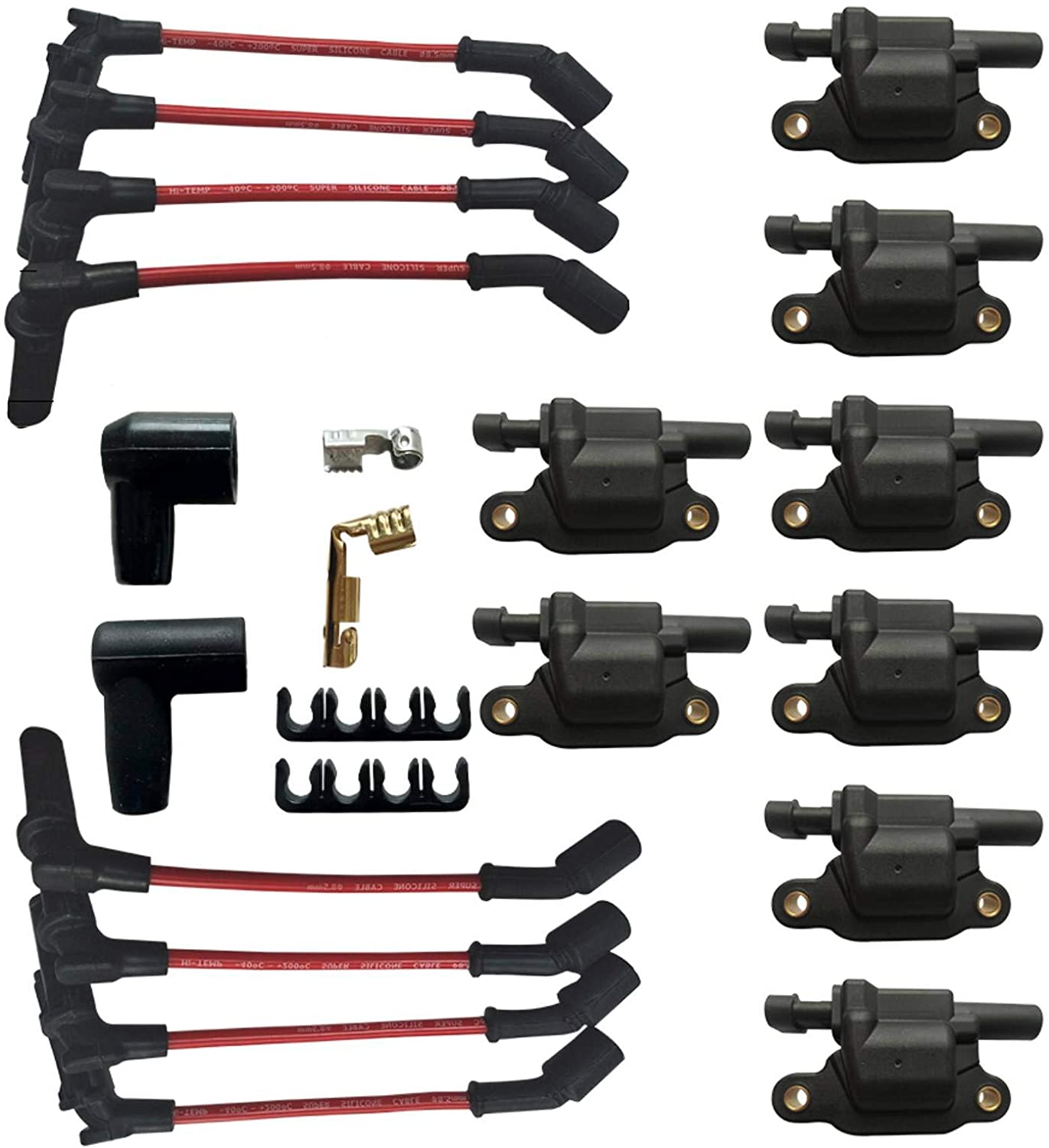 MAS 8 Pcs Square Ignition Coil with One Set Wires Compatible with Cadillac Chevy GMC Pontiac G8 Grand Prix H3 Tahoe Yukon Silverado Impala Trailblazer Avalanche 5.3L 6.0L V8 (8 coils & one set wires)