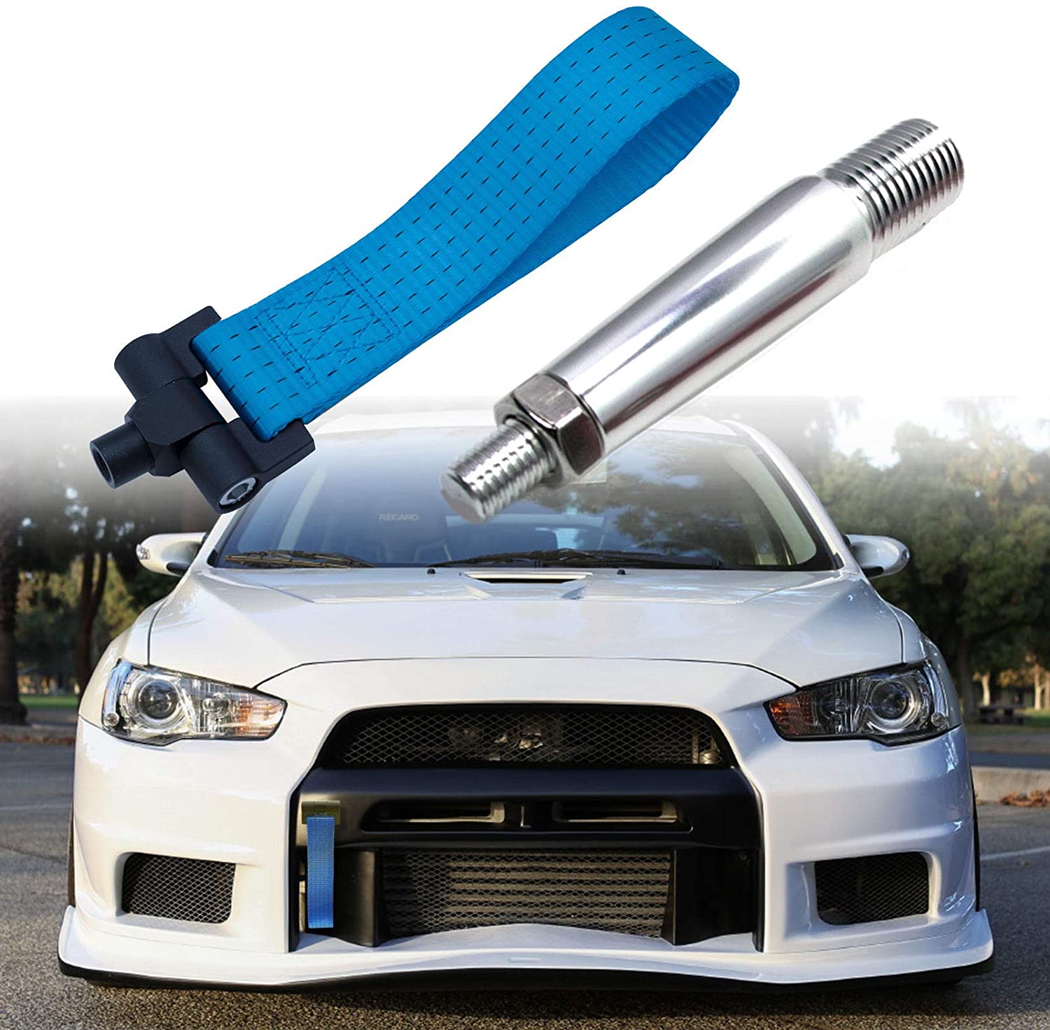 Xotic Tech JDM Track Racing Style Tow Hook Adapter w/Blue Strap Holder Kit for Nissan 370Z GT-R R35 Juke,Fits Infiniti G37/Q60 FX35 FX45 FX50 QX70 (Blue)