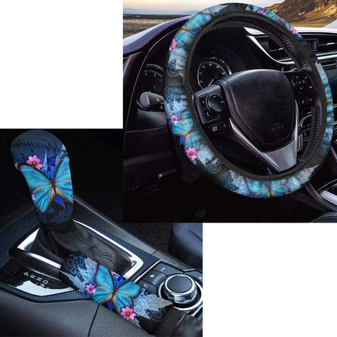 FKELYI Rainbow Tie-Dye Car Interior Decor Accessories Set,Auto Universal Steering Wheel Cover Set with Hand Brake Cover and Gear Shift Knob Cover 3Packs