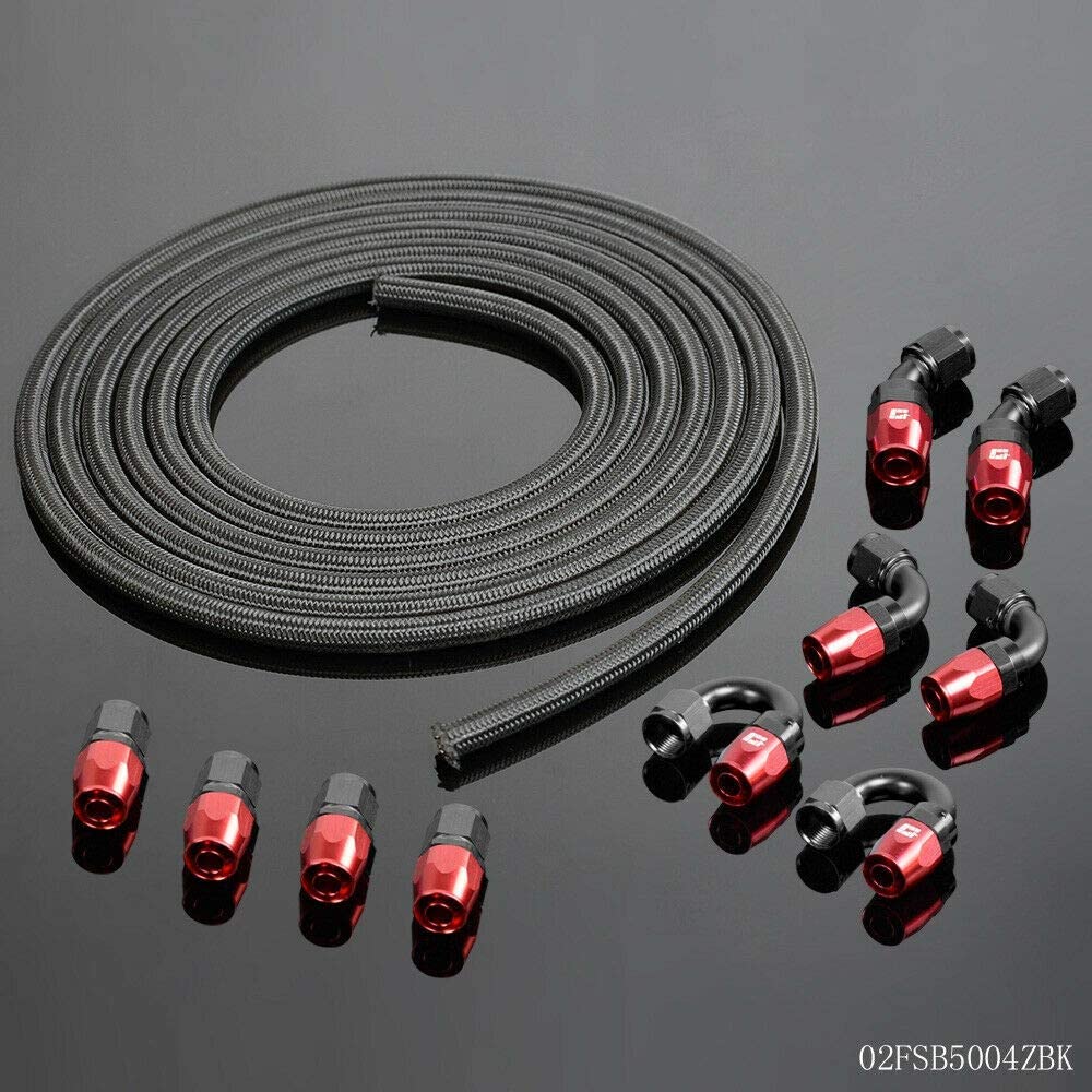 16Ft AN4 Nylon and Stainless Steel Braidied Oil Gas Fuel Hose Fuel Line + 10pcs 4AN Hose Fitting Kit Red and Black