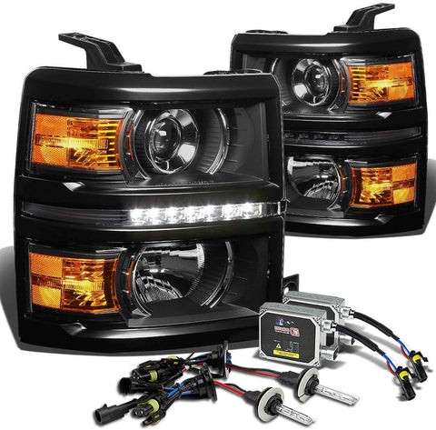 For Chevy Silverado GMT K2XX Projector LED Headlight+4,300K H1 HIDs+Thick Ballasts (Black Housing Amber Reflector)