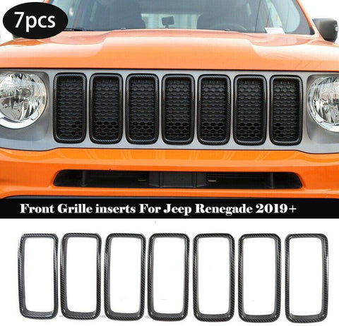 RT-TCZ Carbon Fiber Front Grill Grille Inserts for Jeep Renegade 2019 2020 ABS Grill Guard Cover Trim (7PCs)