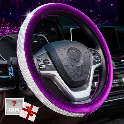 Alusbell Crystal Diamond Steering Wheel Cover Soft Velvet Feel Bling Steering Wheel Cover for Women Universal 15 inch Plush Wheel Cover for Escape Fusion Focus Accord Prius Rav4 Purple