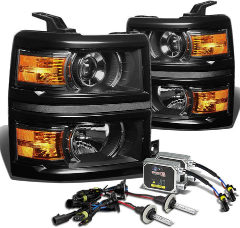 For Chevy Silverado GMT K2XX Projector Headlight+4,300K H1 HIDs+Thick Ballasts (Black Housing Amber Reflector)