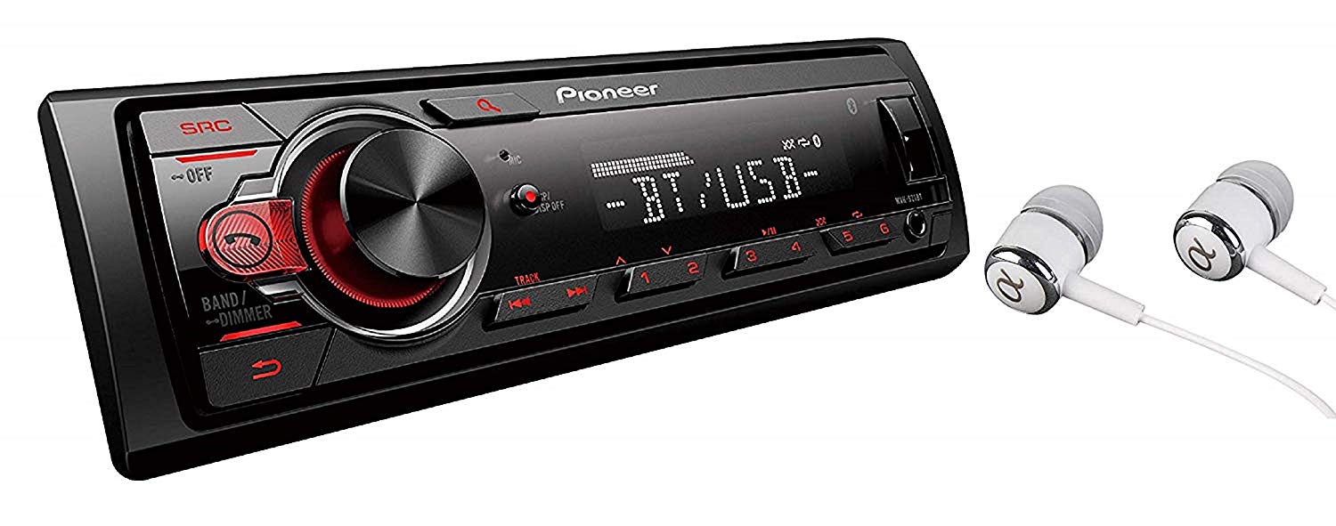 Pioneer MVH-S21BT Stereo Single DIN Bluetooth In-Dash USB MP3 Auxiliary AM/FM Android Smartphone Compatible Digital Media Car Stereo Receiver With Free ALPHASONIK Earbuds