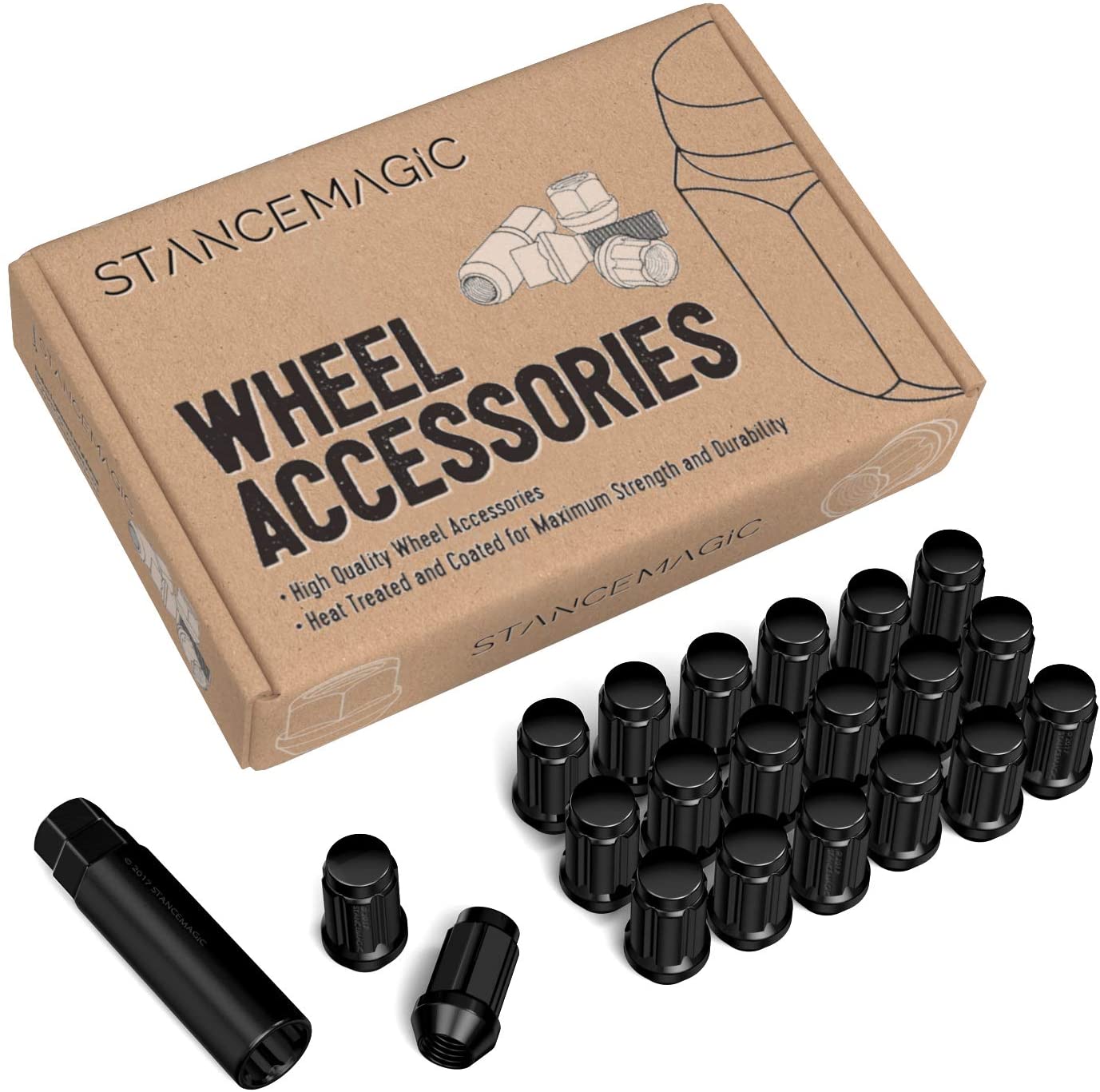 StanceMagic 20pcs Black Spline 12x1.25 Tuner Lug Nuts - Closed End, Cone Seat, 1.4