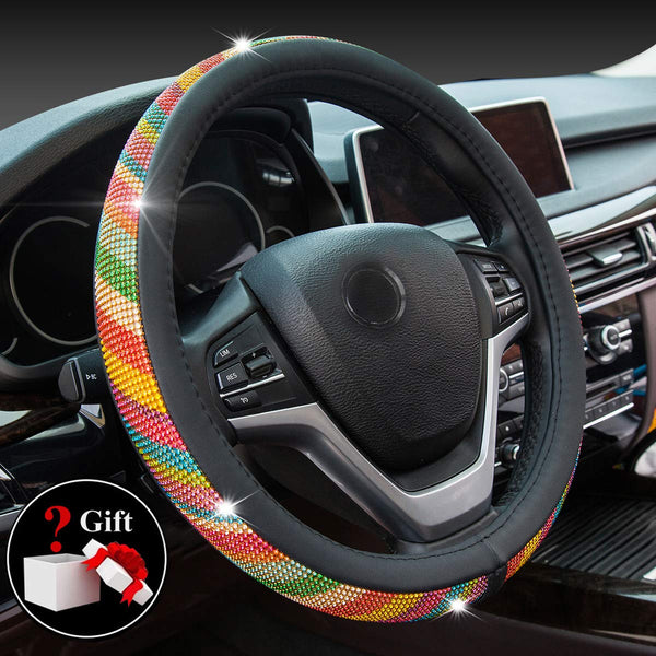 Crystal Diamond Steering Wheel Cover, PU Leather with Rainbow Bling Bling Rhinestones, Universal 15inch / 38cm for Women Girls, Black