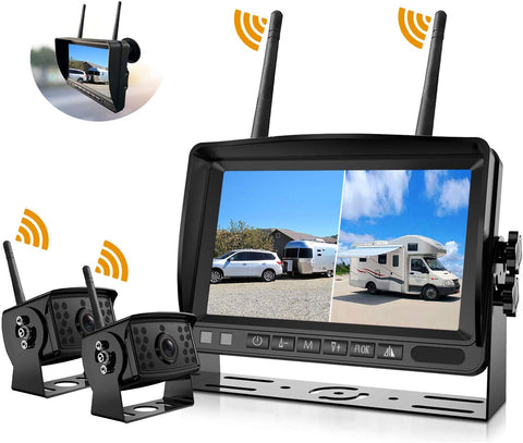 FHD 1080P 2 Digital Wireless Backup Camera System for RVs/Trailers/Trucks/Motorhomes/5th Wheels 4CH 7'' Monitor Highway Monitoring System IP69K Waterproof Super Night Vision Strong Signal