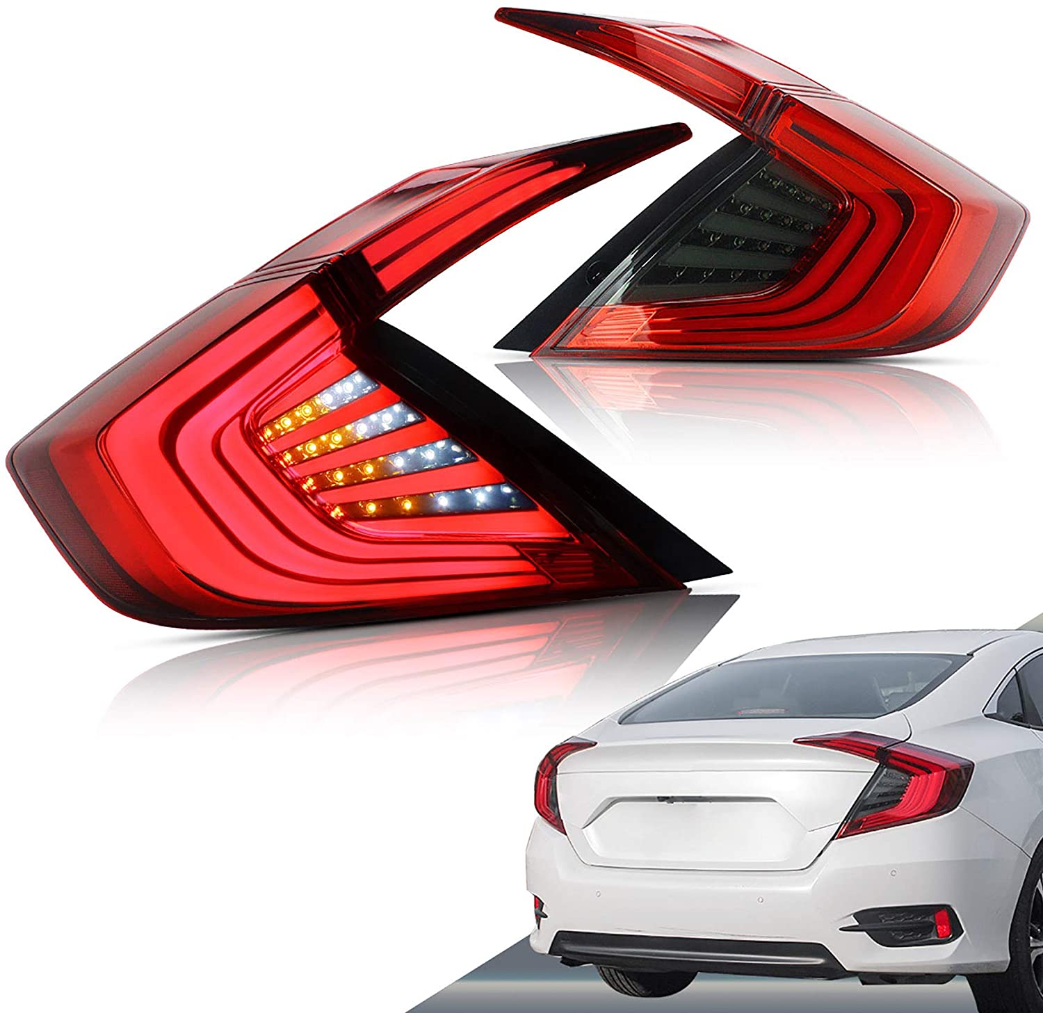 VLAND LED Tail lights Compatible with Honda Civic 2016 2017(Not Fit Coupe, Type R, Hatchback), 3D Led Light Bar Style Rear Lamp Assembly Including DRL Turning Brake and Reverse Light, Red&Smoke (Red&smoke)