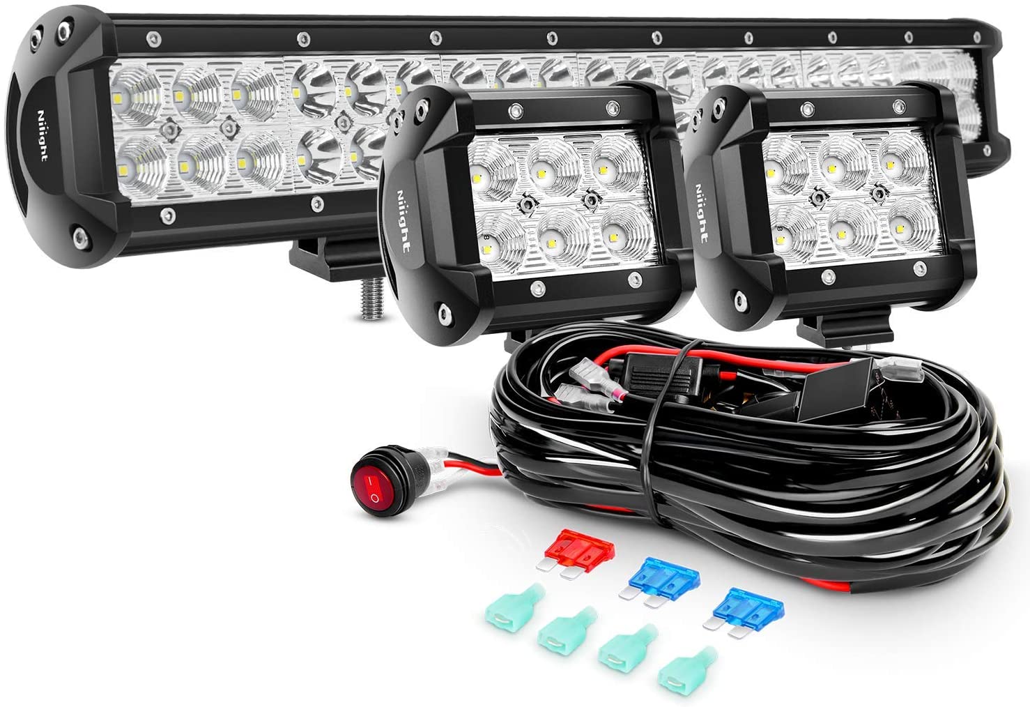 Nilight 20Inch 126W Spot Flood Combo Led Off Road Led Light Bar 2PCS 18w 4Inch Flood LED Pods With 16AWG Wiring Harness Kit-2 Lead, 2 Years Warranty (126w +18w +Wiring Harness)