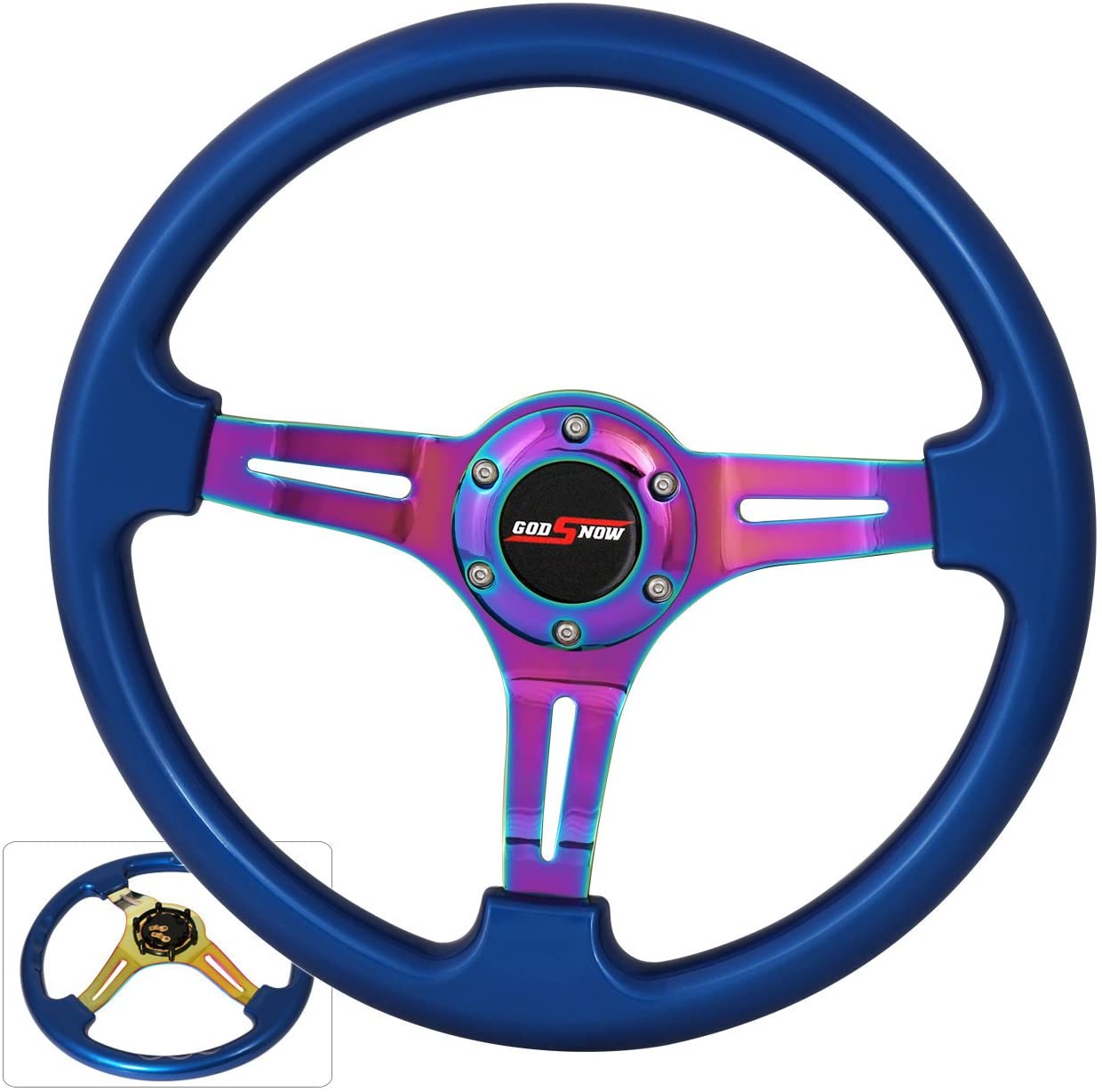 350MM 6 Bolt Hole Neo Chrome Center Metallic Blue Trim 3 Spokes Steering Wheel Horn Button Godsnow Horn Button