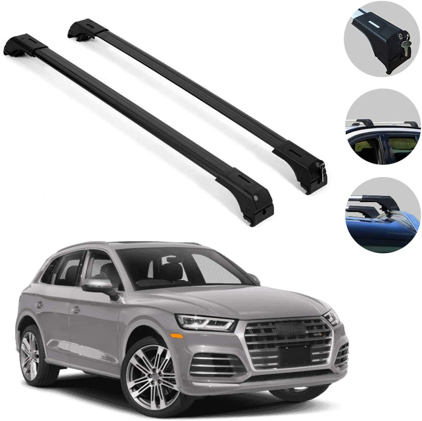 OMAC Fits Audi Q5 2018-2021 Roof Rack Crossbars | Aluminum Lockable Black Top Cargo Racks | Luggage Ski Kayak Bike Snowboard Carriers Set 2 Pcs | Auto Exterior Accessories