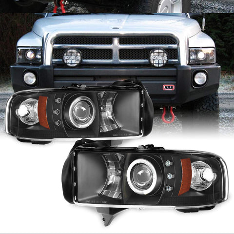 For Dodge Ram 1500/2500/3500 Pickup Black Dual Halo Ring LED Projector Replacement Headlights Left/Right