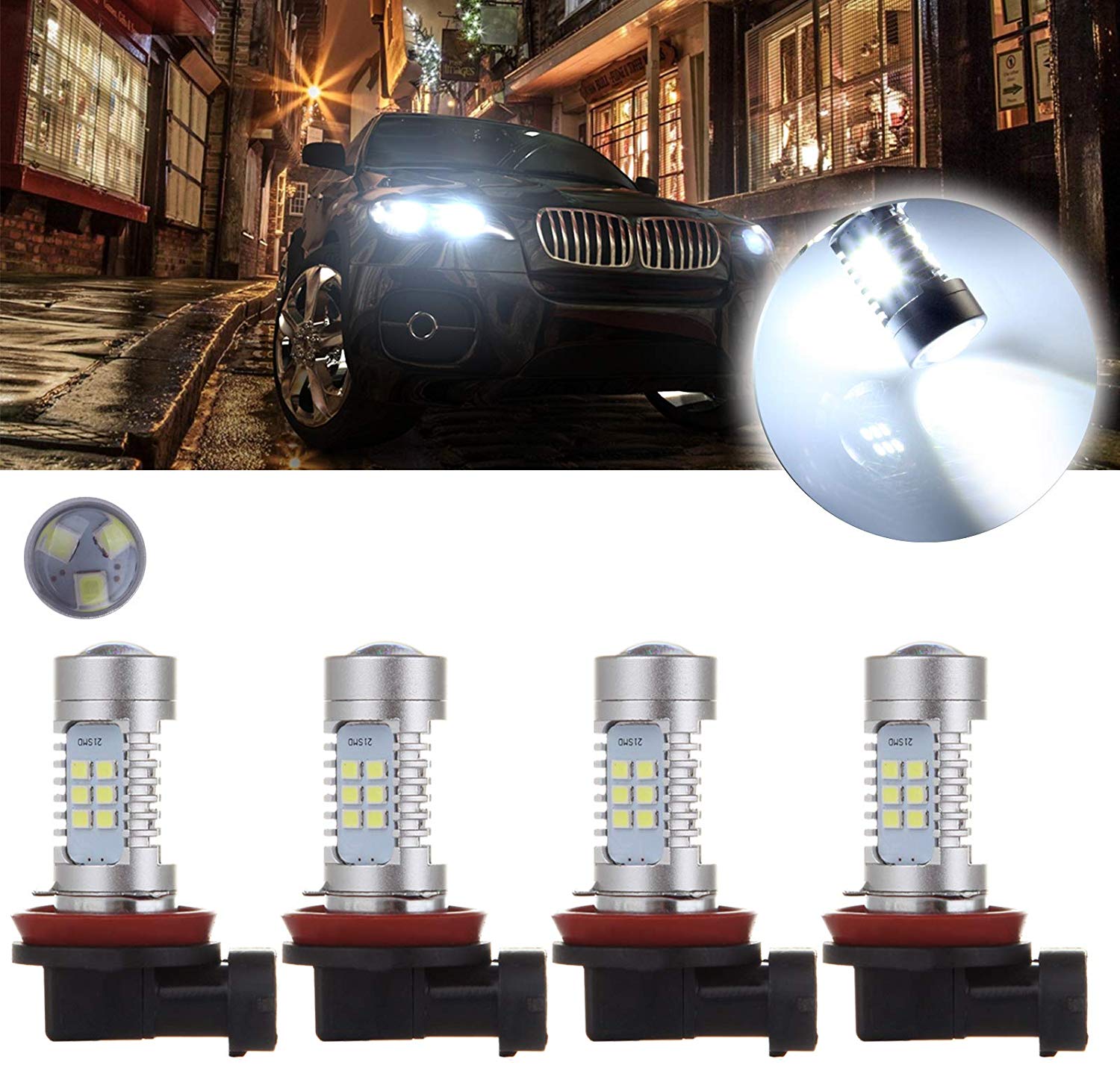 SCITOO White H11 LED Bulbs 30SMD LED Light with Projector for Fog Light Plug and Play Style,4Pcs