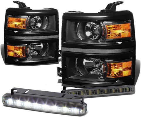 For Chevy Silverado GMT K2XX Black Housing Amber Corner Projector Headlight+Smoked DRL 8 LED Fog Light